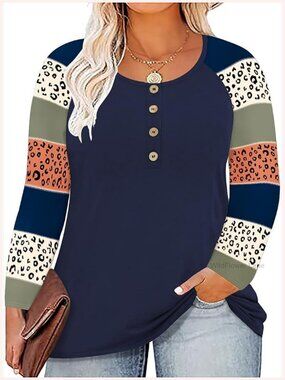 Plus Size Long Sleeve Henley Tunic Top Blouse Casual Fall Shirt XL-5XL